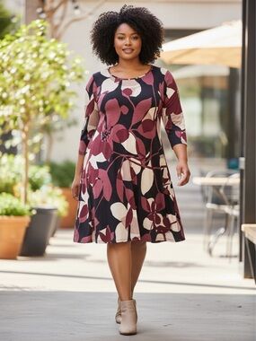 Long Sleeve Floral A-Line Dress in Burgundy and Cream